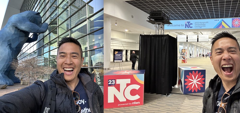 givepulse's tweet photo. Excited! @visitdenver @CityofDenver for the @ntenorg #23NTC conference, selfie with the blue bear and looking to learn from this great #npTech #TechForGood community! #technology #nonprofit #npComm #NonprofitDigitalResilience #VisitDenver https://t.co/g8u8TsnSQR