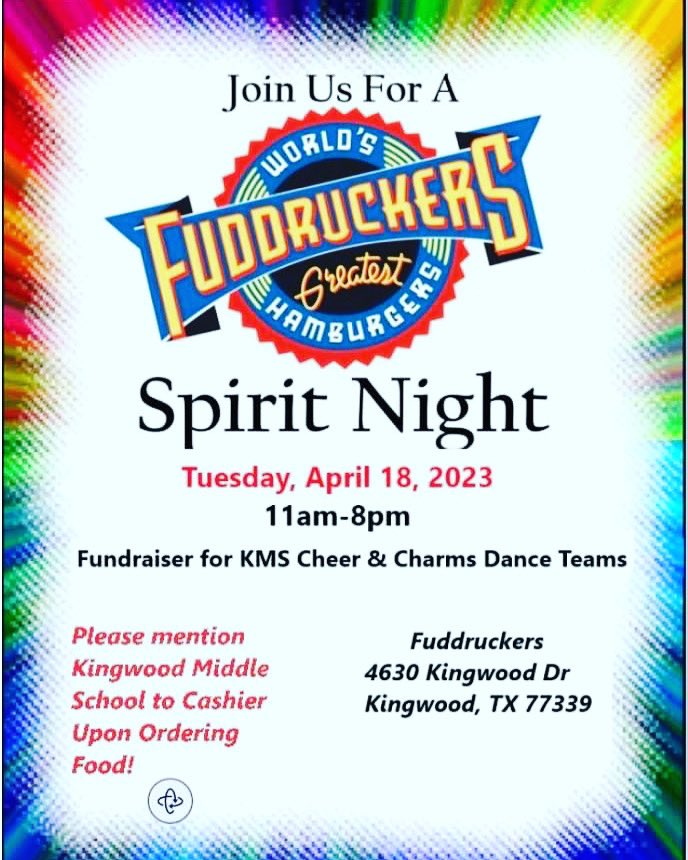 kms_club's tweet photo. Who's ready for another Spirit Night with some totally #yummyyummy food at @fuddruckers on Kingwood Dr from 11am-8pm on Tuesday April, 18th. #kmscheer #kmscharms #kmscougarpride @HumbleISD_KMS @DanceKms @kmscougarcheer @PrincipalCurl https://t.co/zy6d2rHJOE