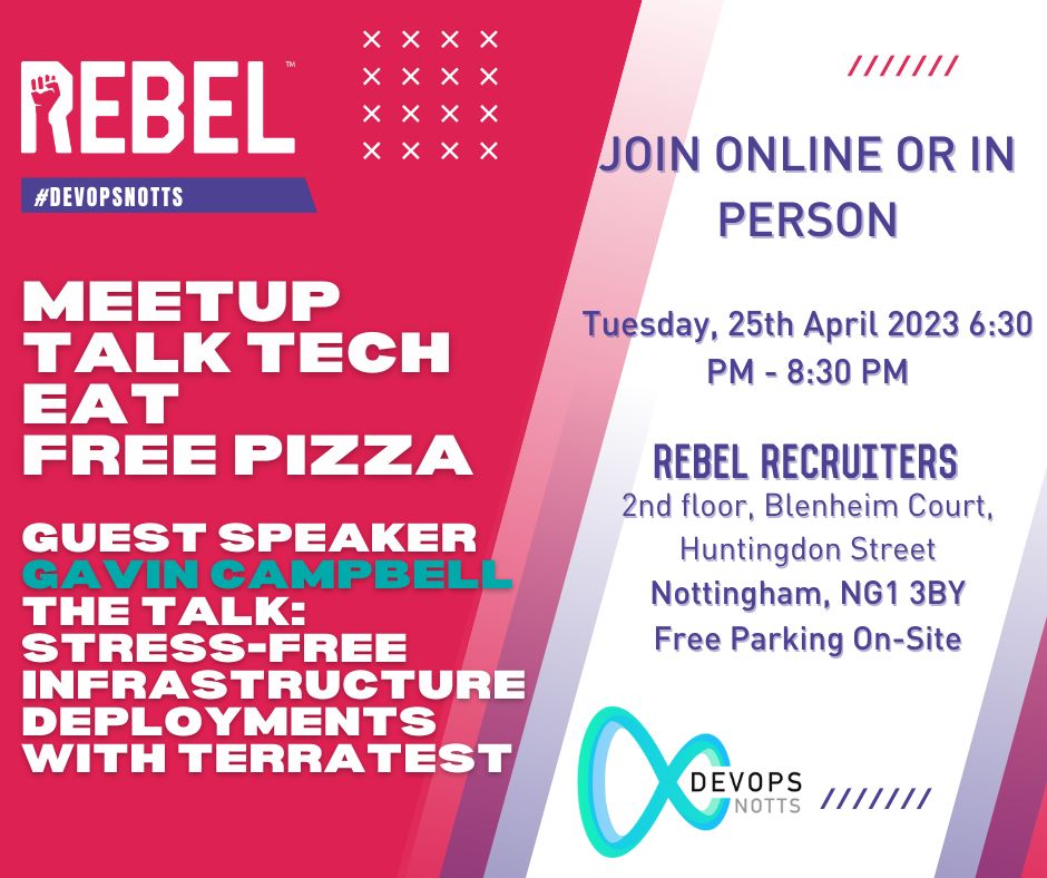 RebelRecruiters's tweet image. It&apos;s nearly DevOps Notts time! 🥳

Join us on the 25th of April at Rebel HQ (or on Zoom)

As always there will be free pizza 🍕 and time to catch up. Sounds like a perfect Tuesday evening right?

Sign up here meetup.com/devops-notts/e…

#RebelRecruiters #DevOpsNotts #Event #Meetup