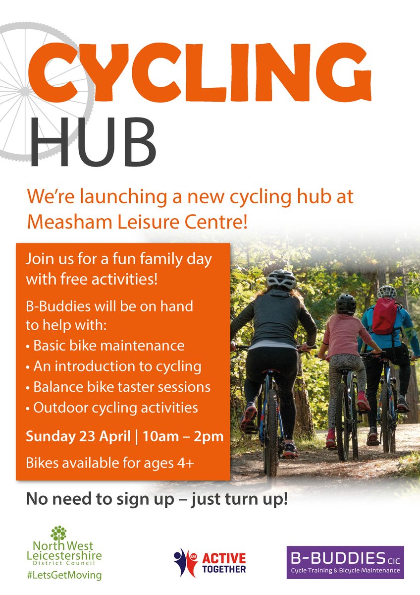 Join us for FREE activities and family fun!😆

We are pleased to announce our new Cycling Hub at Measham Leisure Centre will be launching on Sunday 23rd April 10am-2pm.🎉

No need to book, just turn up! Bikes available to use for ages 4+ 🚴‍♀️

#LetsGetMovingNWL