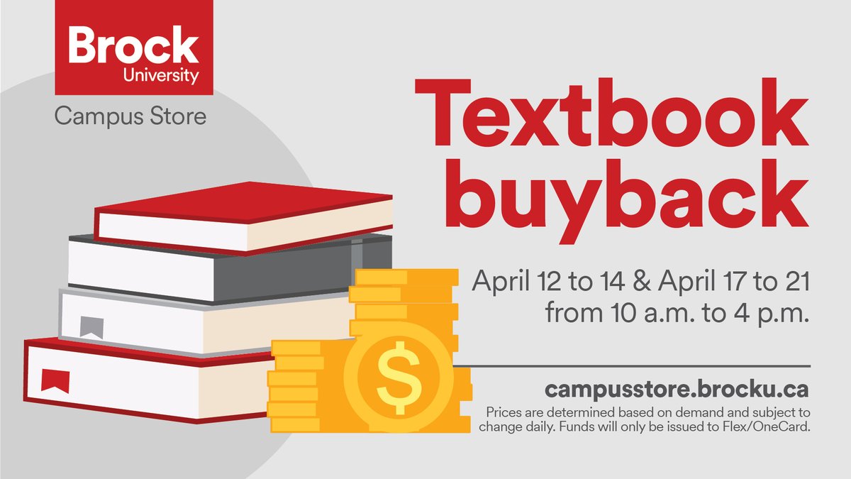 Textbook Buyback is BACK!

Get a quote before coming to the store.  Prices are updated live. We highly encourage you to check buyback prices shortly before you arrive at the buyback counter.

Happening April 12 to 14 &amp; April 17 to 21, between 10:00 a.m. to 4:00 p.m.

Link in bio.