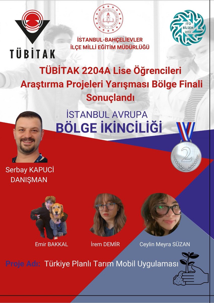 TÜBİTAK 2204A Lise Öğrencileri Araştırma Projeleri Yarışması Bölge Finali İstanbul  Avrupa Bölge İkincisi olan Danışman Öğretmenimiz Serbay KAPUCİ ve Öğrencilerimiz Emin BAKKAL, İrem DEMIR ve Ceylan Meyra SÜZEN ‘i tebrik ediyoruz. Başarılarının devamını dileriz.