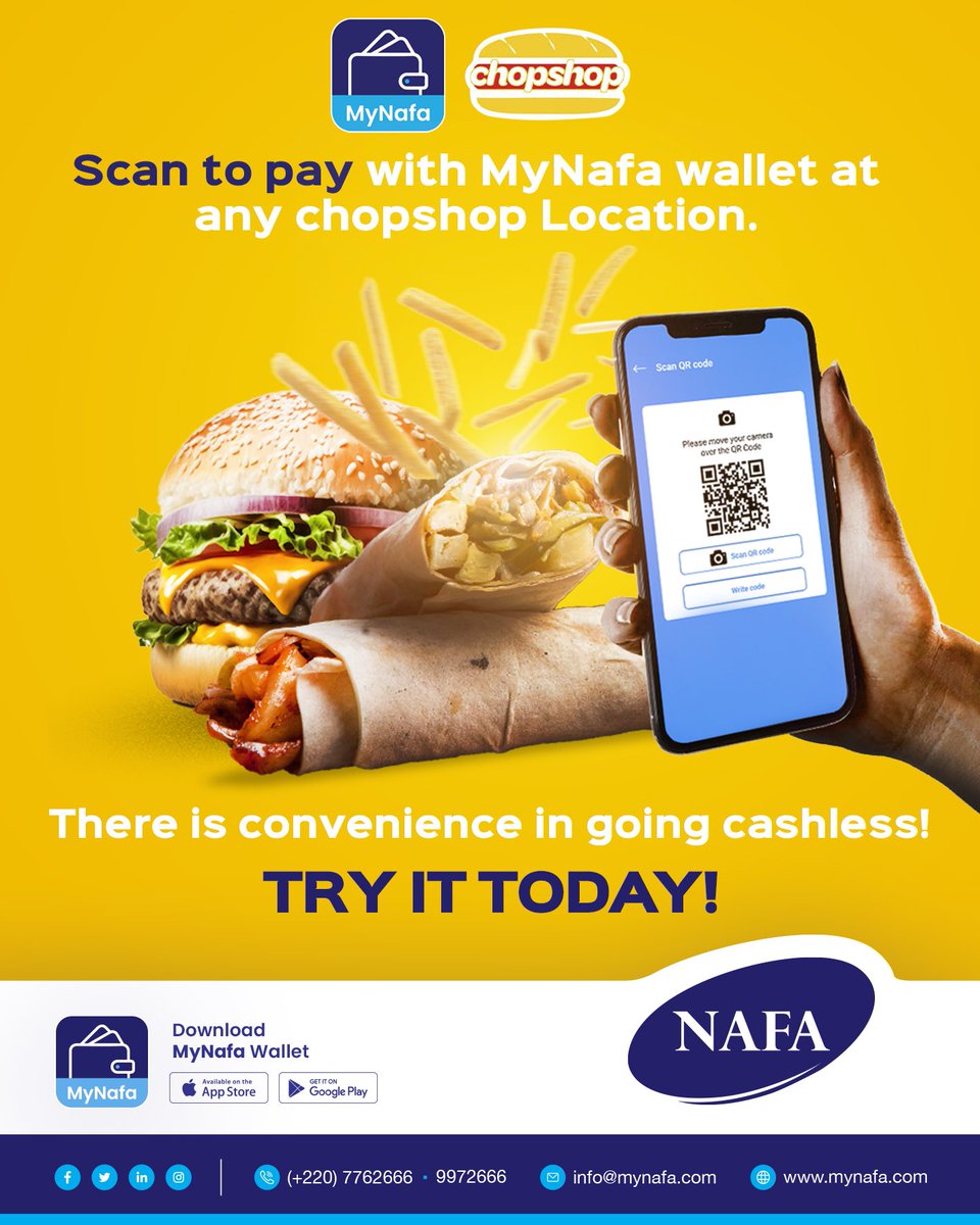 nafagambia's tweet photo. Nafa Financial Services is always taking steps to make every customer experience memorable.
You can now scan & pay at chopshop with MyNafa Wallet.
Enjoy your favorite meals with ease.
#MyNafa #Nafa #Wallet #Financial #Gambia #MobileMoney #Gaawtehwoor #chopshop https://t.co/lBZhcSqKhq