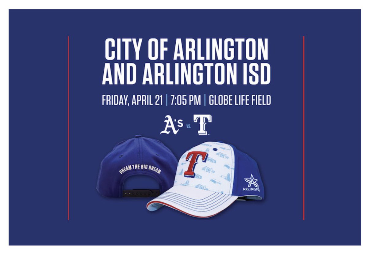 MartinPTSA's tweet photo. 🏟️The Texas Rangers are hosting Oakland for Arlington ISD Night. You can get tickets to the game through this link. 

This year for the first time, there will also be a special Arlington cap 🧢 available to those who purchase a ticket through the link.  

🗓️ April 21
⌚️7:05 PM https://t.co/hQnOMf8Cpj