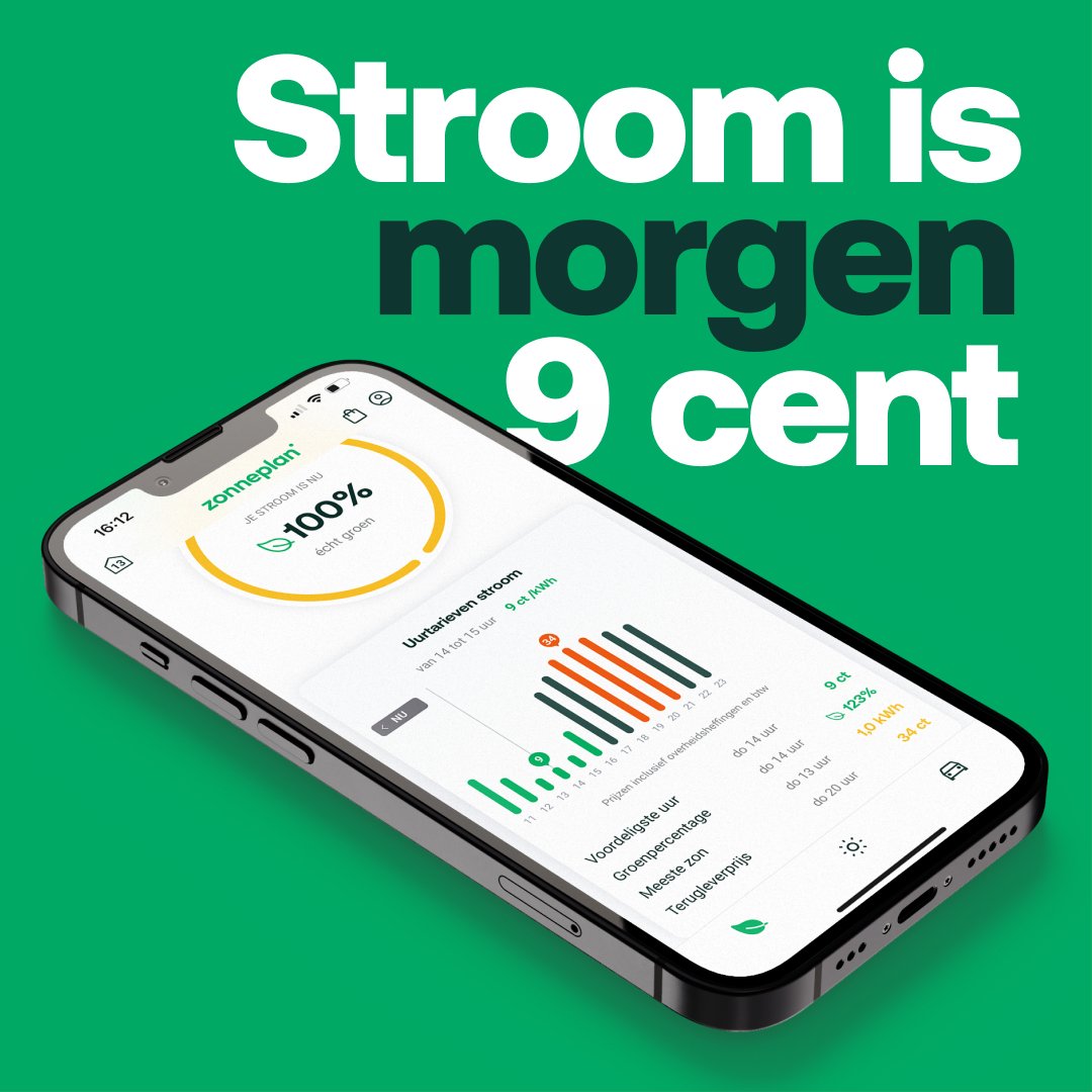 Let op, morgen goedkope stroom ⚡
Tussen 13:00 en 16:00 betaal je als Zonneplan Energie-klant maar €0,09 voor een kWh stroom! Heb jij je wasje of laadbeurt al ingepland?