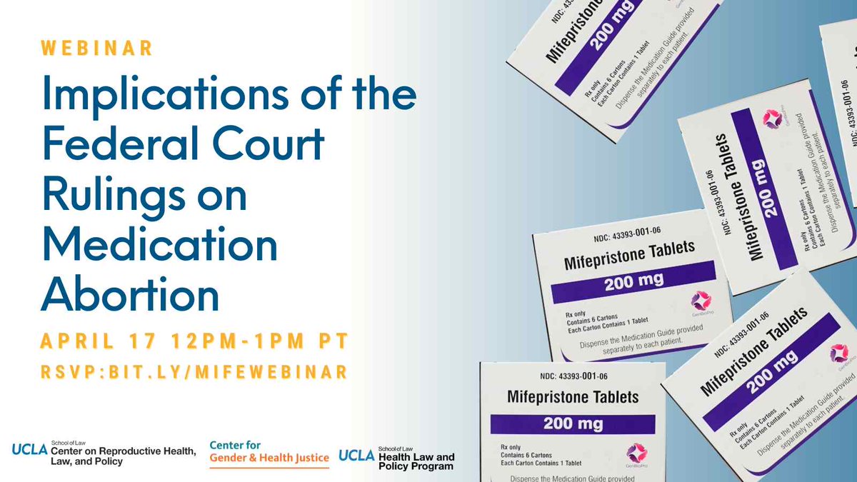 🚨Webinar Alert🚨 

Join <a href="/UCLA_Law/">UCLA School of Law</a> Prof Cary Franklin, <a href="/UshmaU/">Ushma Upadhyay, PhD, MPH</a>  <a href="/CathrenCohen/">Cathren Cohen (she/her)</a>, @ProfLWiley, @BlakeProf  to dig into the conflicting fed court rulings on #mifepristone (a drug used for medication abortion)-- and what we can expect moving forward. 

RSVP: bit.ly/mifewebinar