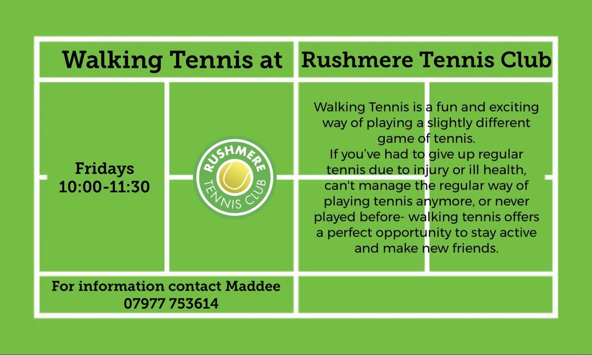Walking Tennis 🎾<a href="/rushmeretennis/">Rushmere Tennis Club</a> has moved to a Friday morning! It’s a great way to exercise without running or jumping. Everyone welcome. For more information contact Maddee. <a href="/NorthantsLTA/">NorthantsLTA</a>
