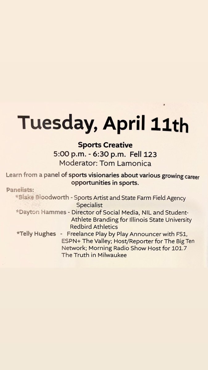 tellyhughes's tweet image. Thank you ISU School of Communication Ella Story and moderator Tom Lamonica for the invite to Com Week 2023 Level Up. It was an amazing time engaging w/students and answering questions about my career path. #blessed #serviceoverself #ISU #RedbirdProud