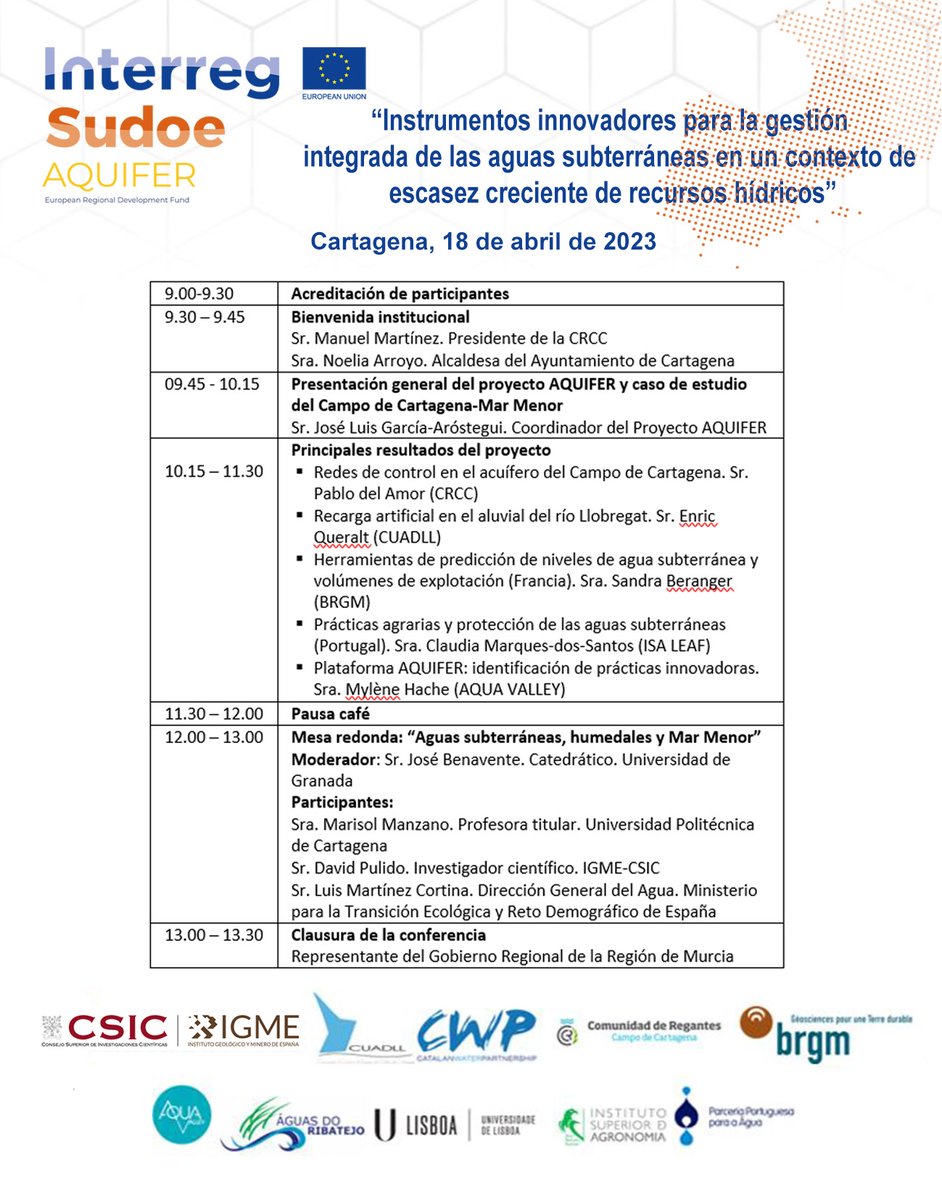 Evento de presentación de resultados y cierre del proyecto europeo <a href="/aquifersudoe/">Proyecto AQUIFER</a> en Cartagena, próximo martes 18 de abril. Avances más relevantes en el acuífero del Campo de Cartagena y zona Mar Menor. 
Plazas limitadas por aforo. Inscripciones:
eventbrite.com/e/entradas-aqu…