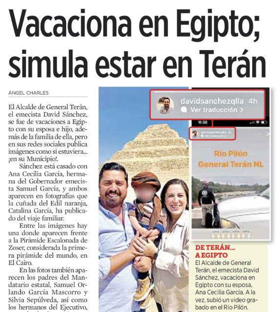 angelcharlsmty's tweet photo. El Alcalde emecista de #GeneralTerán #NL David Sánchez -y cuñado del Gobernador @samuel_garcias- vacaciona en #Egipto con su familia y simula estar en el municipio con sus publicaciones en redes. 
https://t.co/5nAAgwVV9Z https://t.co/UECiT7QR9n