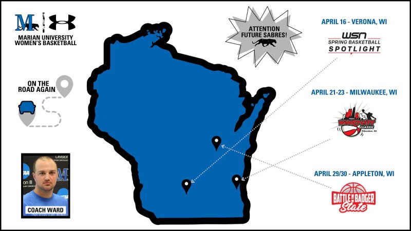 Here’s a snapshot of our recruiting stops this month!📍

Be on the lookout for us, future Sabres! 👀

#FightBlueFight | #D3Hoops | #MarianWBB | 🔵⚫️🏀