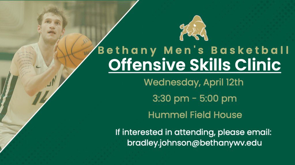 🚨 BREAKING NEWS🚨
Come join us for an Offensive Skills Clinic today starting at 3:30 pm at Bethany College! HS Juniors and older who are interested in attending should email Bradley.johnson@bethanywv.edu to reserve their spot! #RollBison