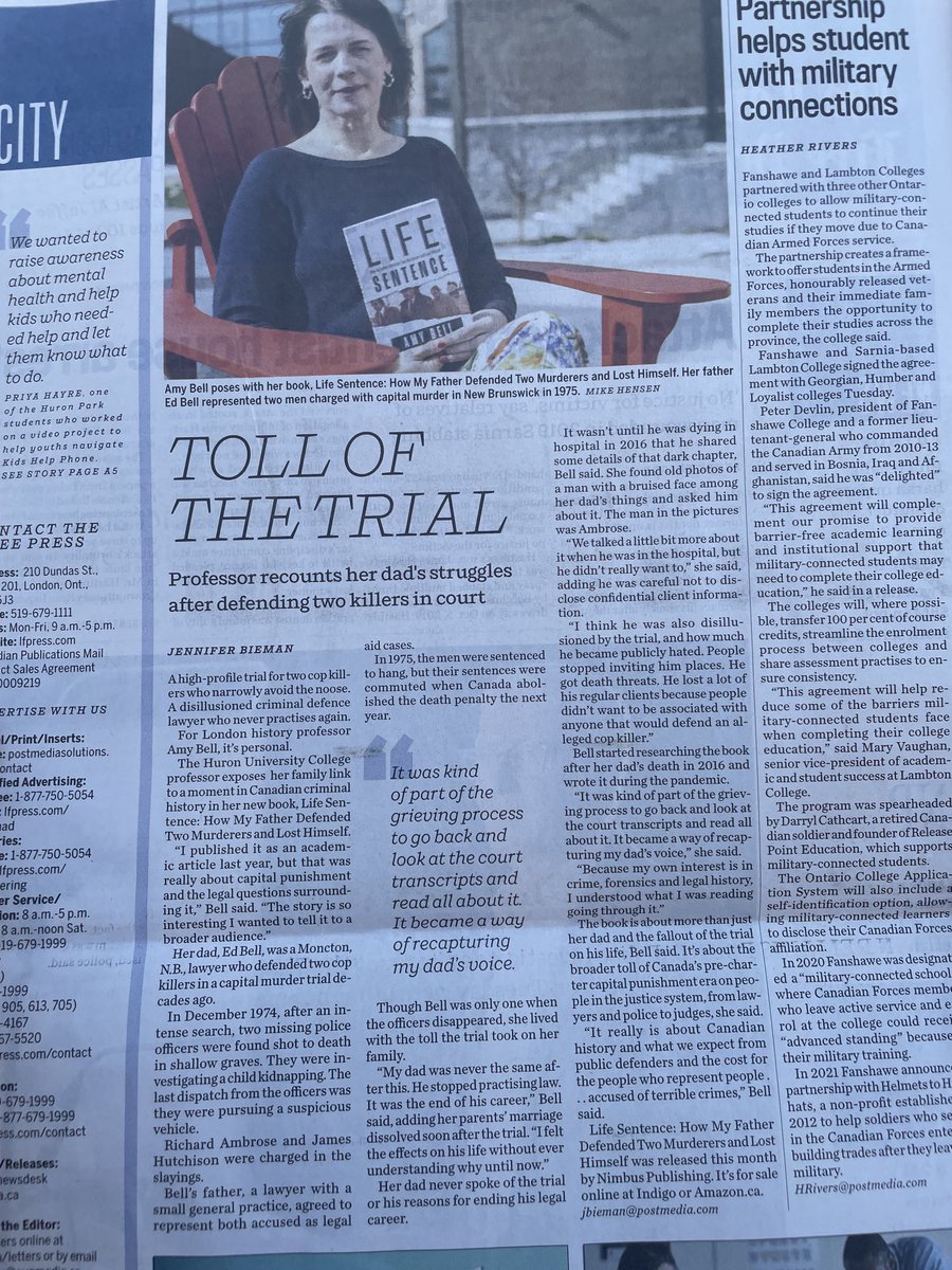 tpcanoe's tweet photo. Great profile this morning of ⁦@amyhelenbell⁩’s new book Life Sentence. I picked up a copy last week and could not put it down. I strongly recommend, if you are interested in the history of criminal justice in Canada &amp; especially the role of defence lawyers &amp; #legalaid https://t.co/RisjERSbTh