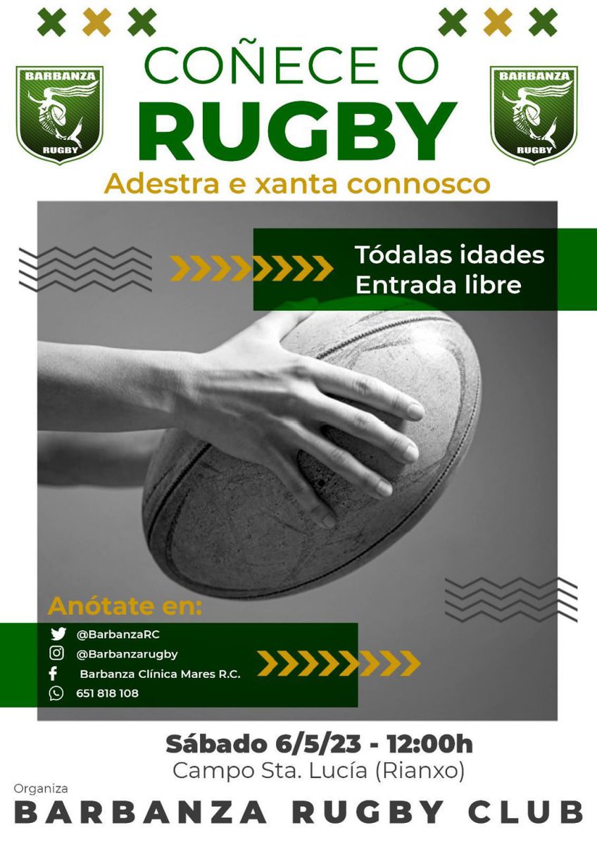 Boas Xente! Dende o Barbanza RC queremos acercar o mundo do rugby a maior xente posible polo que este sabado 6 de Maio imos montar un pequeno adestramento e comida posterior. Se algun dia pensaches en probar este marabilloso deporte, este é o teu momento! (1/2)