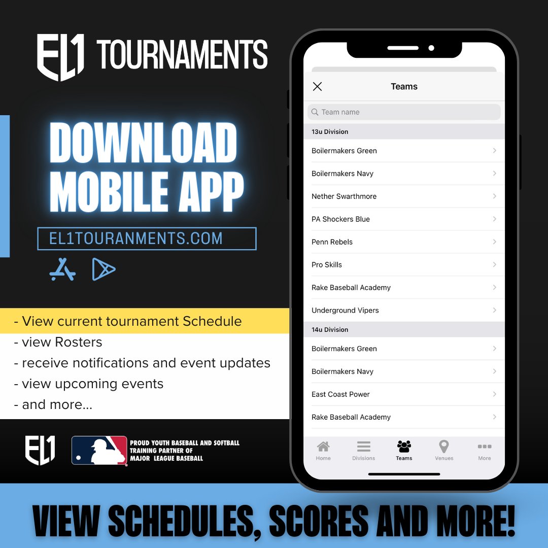 Schedule is locked in for this weekend's Season Kickoff!

Download the mobile app to view schedules, scores, and more!

Available for IOS and Android 📲 el1tournaments.com