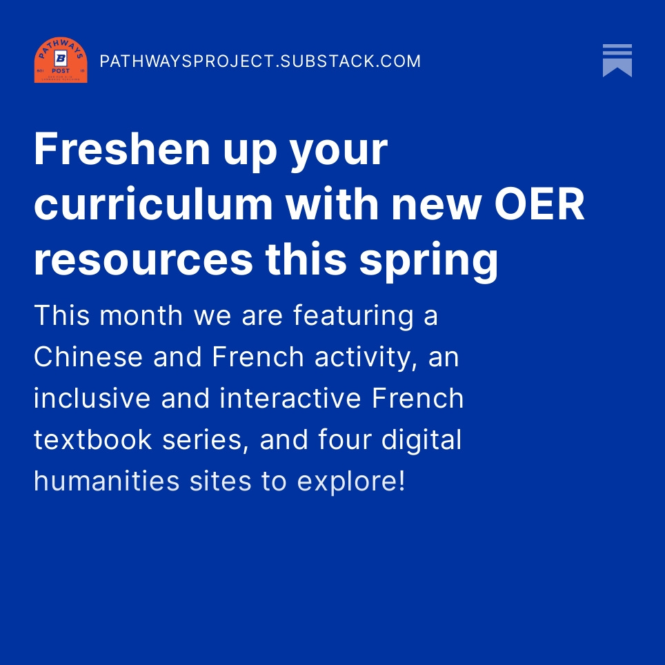 BSUWorldLang's tweet image. 📬 This week we sent out the latest Pathways Post newsletter featuring some great OER materials to freshen up your curriculum for spring.

✉️ Not yet subscribed? Visit lnkd.in/gEZgMUmw to subscribe!

#OER #LanguageTeaching #PathwaysProject #BoiseState #langchat