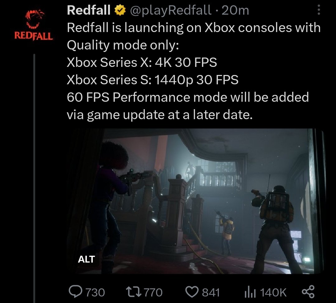 Redfall on X: Redfall is launching on Xbox consoles with Quality mode  only: Xbox Series X: 4K 30 FPS Xbox Series S: 1440p 30 FPS 60 FPS  Performance mode will be added