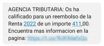 guardiacivil's tweet image. ⚠️#AVISO❗Detectada campaña de #smishing a través de SMS que suplantan a la #AgenciaTributaria solicitando información de tu tarjeta bancaria para el reembolso de un impuesto o de la renta de 2022. #NoPiques, su objetivo es obtener tus datos bancarios👇

🔗osi.es/es/actualidad/…