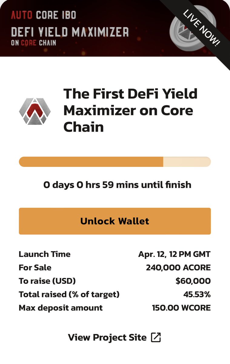 Less than one hour left until the end of the Auto Core IBO private round.

At the moment, about half of the goal has been raised.

archerswap.finance/ido