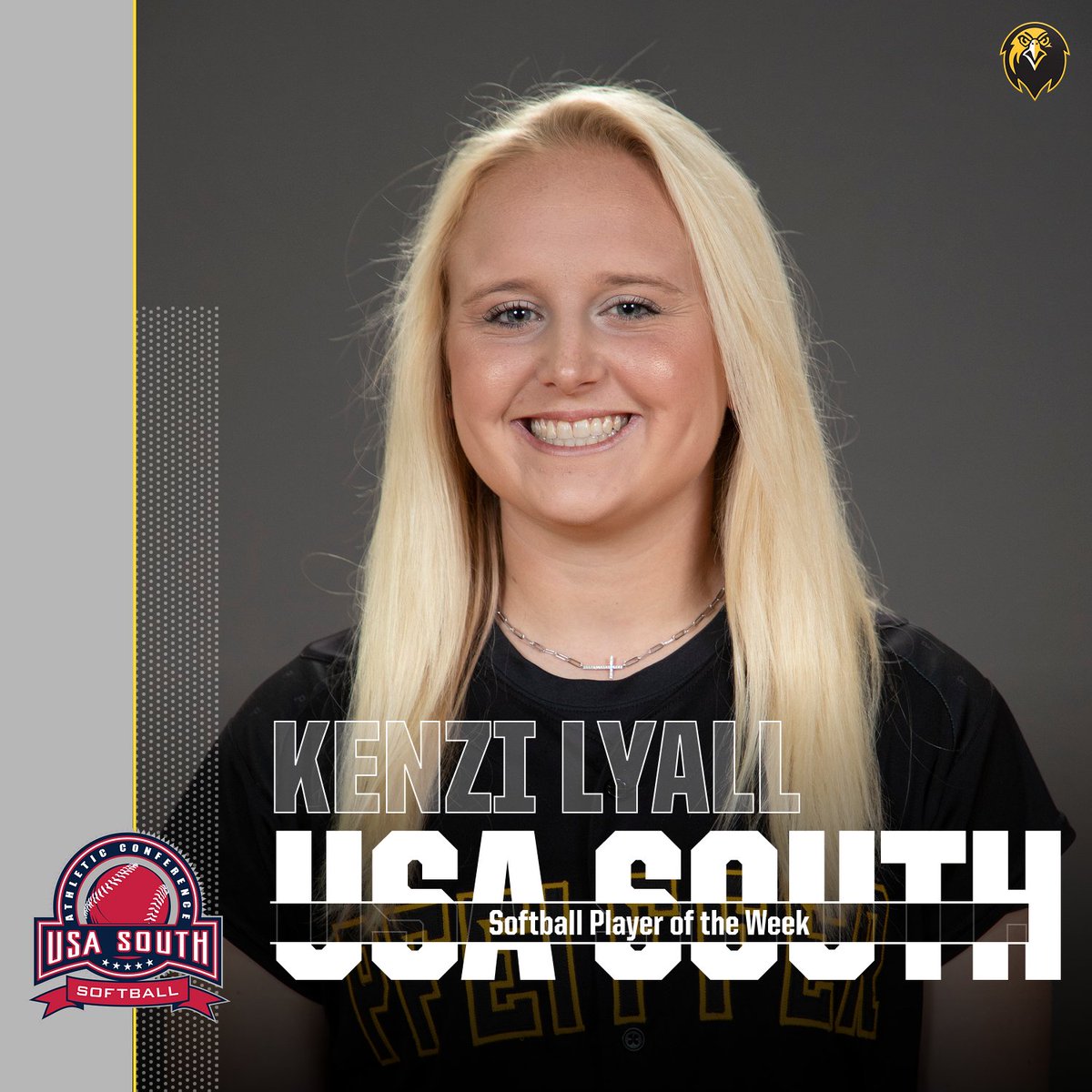 PfeifferSports's tweet photo. Kenzi Lyall was named USA South Softball Player of the Week  after going 6-for-7 (.857), with an .857 on-base percentage, and a 1.571 slugging percentage to go along with three runs scored, five RBI, two doubles, one home run, and one stolen base. https://t.co/m7XIBBDcle