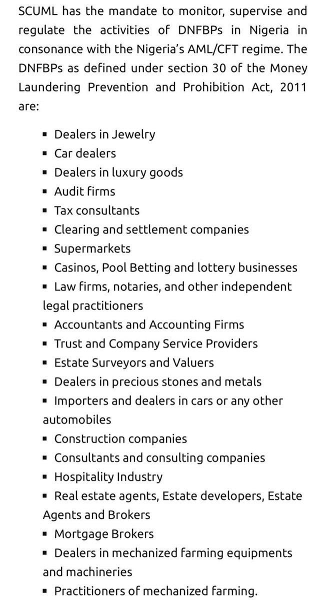 cbngov_akin1's tweet image. The #EFCC’s Special Control Unit Against Money Laundering (SCUML) has the mandate to monitor, supervise and regulate the activities Designated Non-Financial Businesses and Professions ( DNFBPs) in Nigeria. Get your #SCUML Certificate today!!!