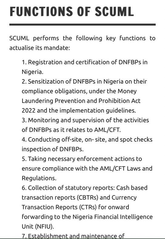 cbngov_akin1's tweet image. The #EFCC’s Special Control Unit Against Money Laundering (SCUML) has the mandate to monitor, supervise and regulate the activities Designated Non-Financial Businesses and Professions ( DNFBPs) in Nigeria. Get your #SCUML Certificate today!!!