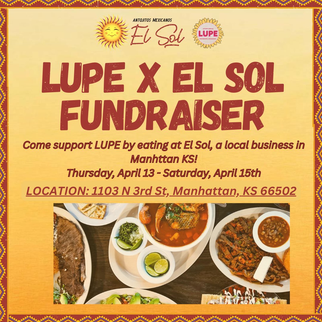lupeatkstate's tweet photo. LUPE is partnering with Antojitos, El Sol ☀️ to do a fundraiser! Come support LUPE and a small Mexican-owned business! We will get earnings from Thursday-Saturday! Please stop by &amp; mention LUPE! Come support! 💞 https://t.co/qwcGwrNI6J
