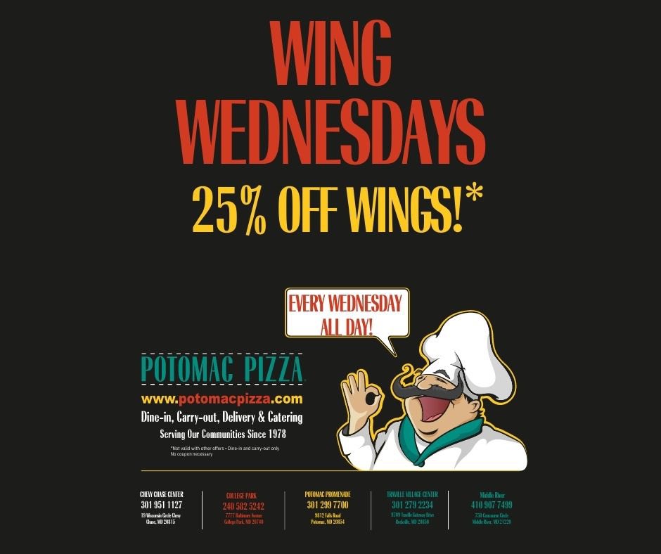 Hey everyone! Looking for a delicious way to celebrate Wing Wednesday? Look no further than Potomac Pizza! Every Wednesday, get 25% off all wings at our locations. Come on in and treat yourself to some seriously tasty eats. We can't wait to see you here! #WingWednesday #Foodie