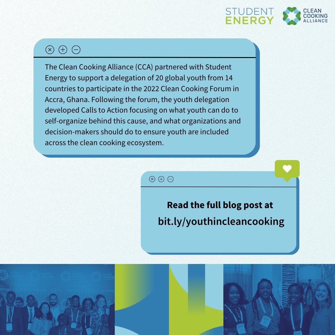studentenergy's tweet photo. Calling all youth! Our latest blog post, co-authored with @cleancooking, highlights our youth delegation at the 2022 Clean Cooking Forum in Accra, Ghana!
📍 Read the full blog post at https://t.co/NnAPDlvEBI
#StudentEnergy #CleanCookingAlliance #CCF2022 #CCF #YouthDelegation https://t.co/XX0tmGguXK