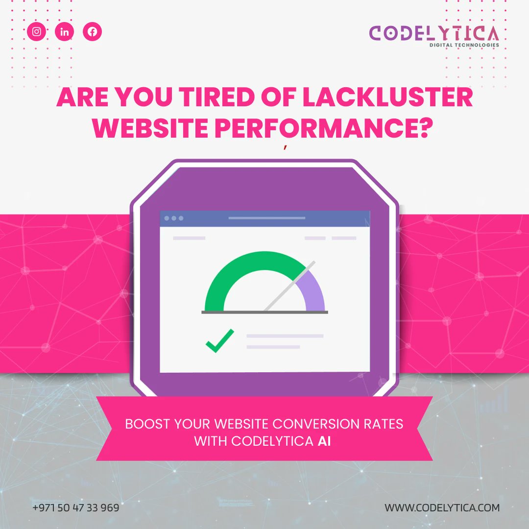 codelytica's tweet image. Codelytica ai based services can help you boost your website conversion rates.
Get your website up to speed with Codelytica ai, and you'll be able to convert Sales!
#codelytica #codelyticaai #website #websiteservices #websitedevelopmentservices #websitedevelopment