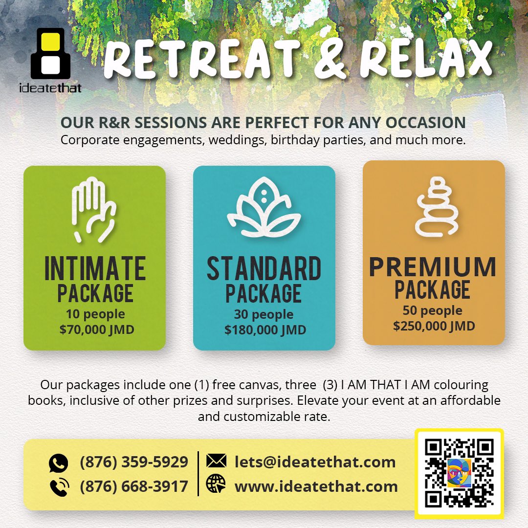 id8that's tweet photo. Reach out to us and book your I AM THAT I AM ‘Retreat & Relax’ session today!
For more info:
💬 (876)359-5929
☎️ (876)668-3917
📧 lets@ideatethat.com
#R&R #retreatandrelax #iamthatiam #yoga #meditation #mindfulness #sessions #relax #contactus #ideatethat https://t.co/5wPMkuDAVX