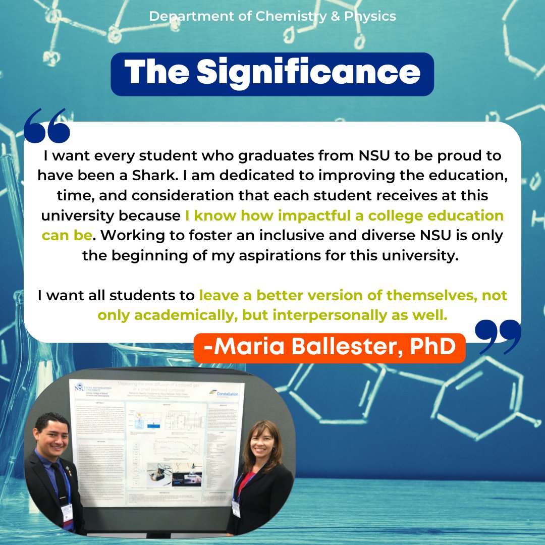 HalmosDean_NSU's tweet image. Introducing Dr. Maria Ballester: Associate Professor of Biophysical Chemistry &amp;amp; Education in the Dept. of Chemistry &amp;amp; Physics!🦈

Dr. Ballester is passionate about mentoring students. Her research focus is on the conformation &amp;amp; basicity of porphyrins.🧪
-
#NSU #HCAS #Halmos