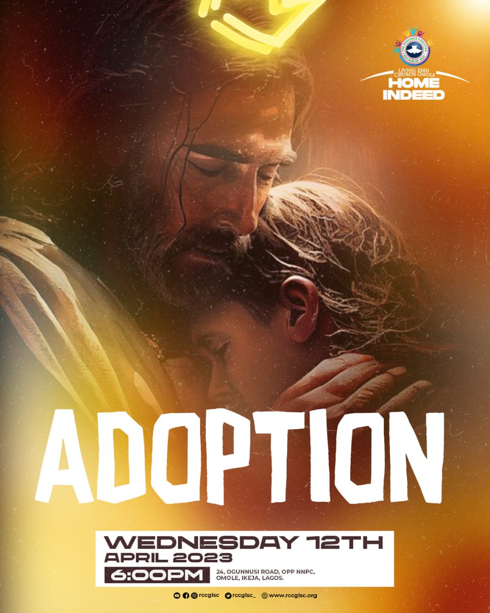 We are all adopted into God’s spiritual family as a chosen child of God. We are welcomed with open arms and feel the love of His family. 

Join us today as we learn more about adoption.

#rccglsc #teamard #wednesdayservice