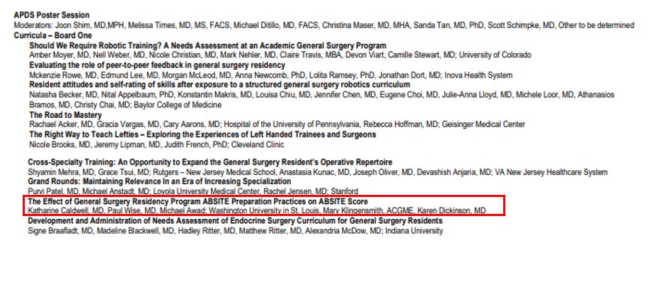 Proud to share our work at #SEW2023 @APDSurgery - building on our scoping review we asked PDs to report current #ABSITE preparation practices to determine national preferences & score correlation 

🤩1st author @kecaldwellmd! Thank you to @meklingensmith @pauledwise &  Dr Awad