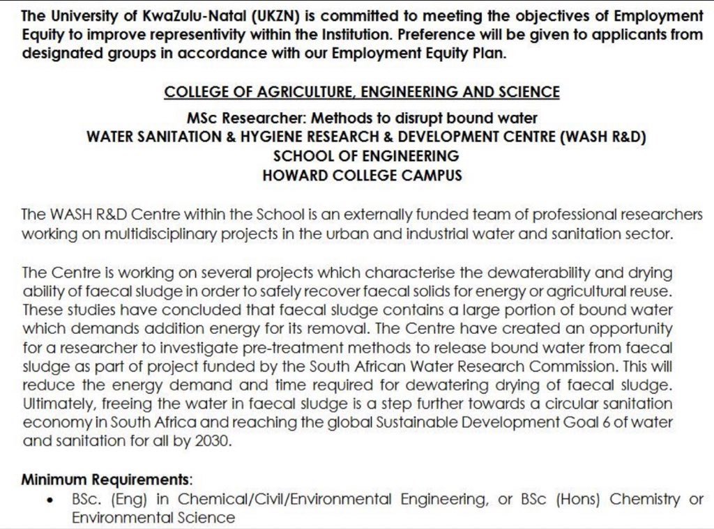 OPPORTUNITY: MScEng researcher

Please see details below for an MScEng researcher vacancy at the WASH R&amp;D Centre.

Deadline: 28 April 2023

For more information: lnkd.in/drx-m9p