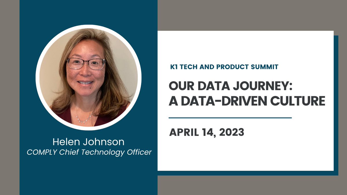 The K1 Tech and Product Summit is right around the corner!
 
We're looking forward to hearing from COMPLY's Chief Technology Officer Helen Johnson during the "Our Data Journey: A Data-Driven Culture" session. Check out Helen and the rest of the speakers on April 14th!
 
#K1Summit