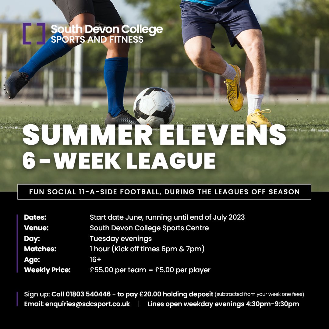 Starting Tuesday 6th June 2023 🔥⚽️

🆂🆄🅼🅼🅴🆁 🅴🅻🅴🆅🅴🅽🆂 (mens) 

All info below 👇🏼 

#football #localfootball #summerfitness #SocialFootball #devon