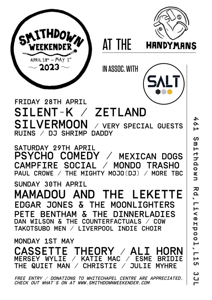 @SmithdownFest at the @handymanSmarket / @handymanbrewery 2023! Feat: @Silent_K_ @Silvermoon_UK @thoseruins1 @mexicandogs_ @mrpaulcrowe @The_Mighty_Mojo @edgarsummertyme @DanWilsonandTh1 @cassettetheoryy @alialihorn @itiskatiemac @EsmeBridie @merseywylie + Loads More! Free Entry!