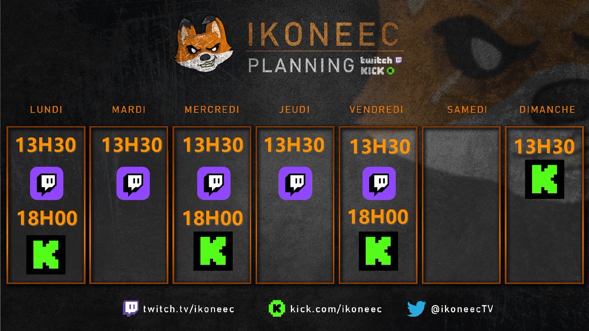 Bonjour !
Voici le planning des streams pour les prochains mois, histoire d'y voir plus clair entre Twitch et KICK !