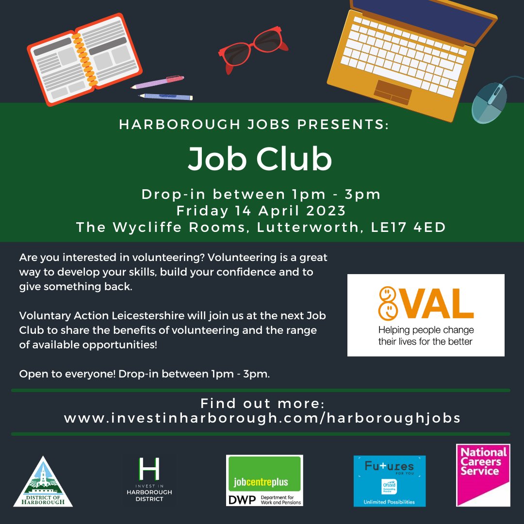 Come to Job Club in #Lutterworth on Friday 14 April'23 between 1pm - 3pm.

Speak with career advisers who can help you with your CV, voluntary roles, interview skills, accessing training, apprenticeship opportunities, job vacancies &amp; more.

👉Visit: ow.ly/ahC250JvMVz