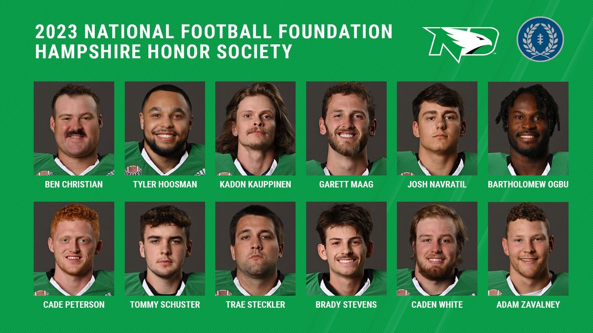 UNDfootball's tweet photo. Congratulations to the 1⃣2⃣ Fighting Hawks that made the 2023 @NFFNetwork Hampshire Honor Society! The 12 Hawks are a school record! 👏

RELEASE: https://t.co/DO5FMbxVmU

#UNDproud | #LGH https://t.co/Js6IOuuvpC