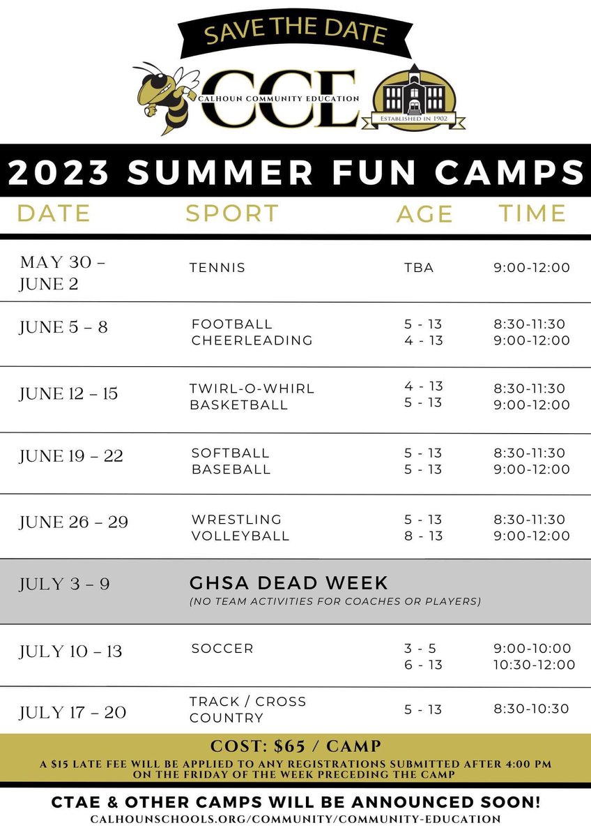 Calhoun Community Education 2023 ATHLETIC SUMMER CAMP SCHEDULE🎾🏈🏀⚾️ save the dates!

Registrations will open next week. CTAE camps and other engaging opportunities this summer to be announced.