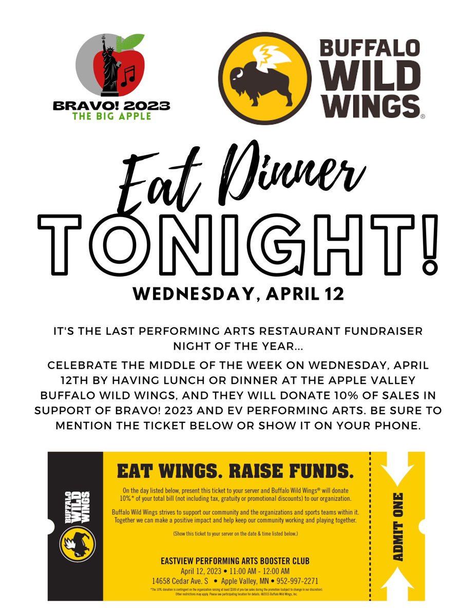 evartsactivity's tweet photo. Support EV Performing Arts by eating lunch or dinner at the Apple Valley Buffalo Wild Wings today, 4/12!  Mention this flyer! https://t.co/A8sCzQqpEM