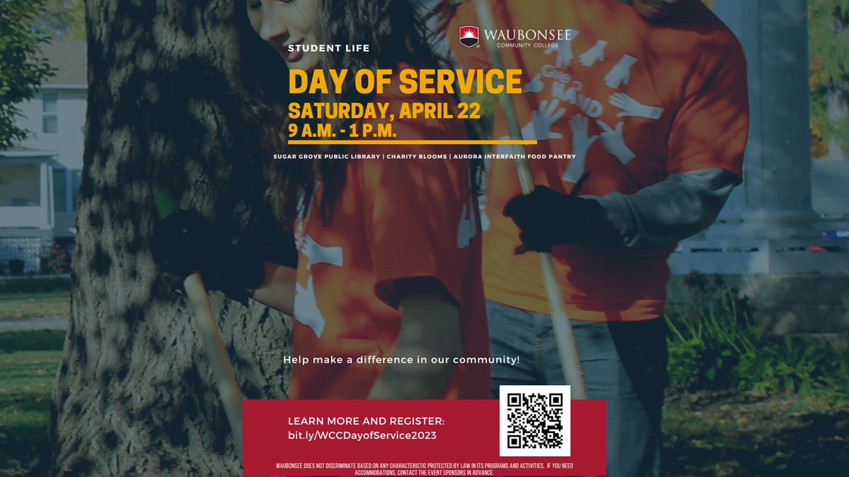 Register TODAY for the upcoming annual Day of Service on Saturday, April 22nd, from 9 AM-12:30 PM at Waubonsee's Sugar Grove Campus! 

Choose one of three service opportunities! Register Here: rb.gy/9y1fx

Breakfast, Lunch, and Transportation will be provided!