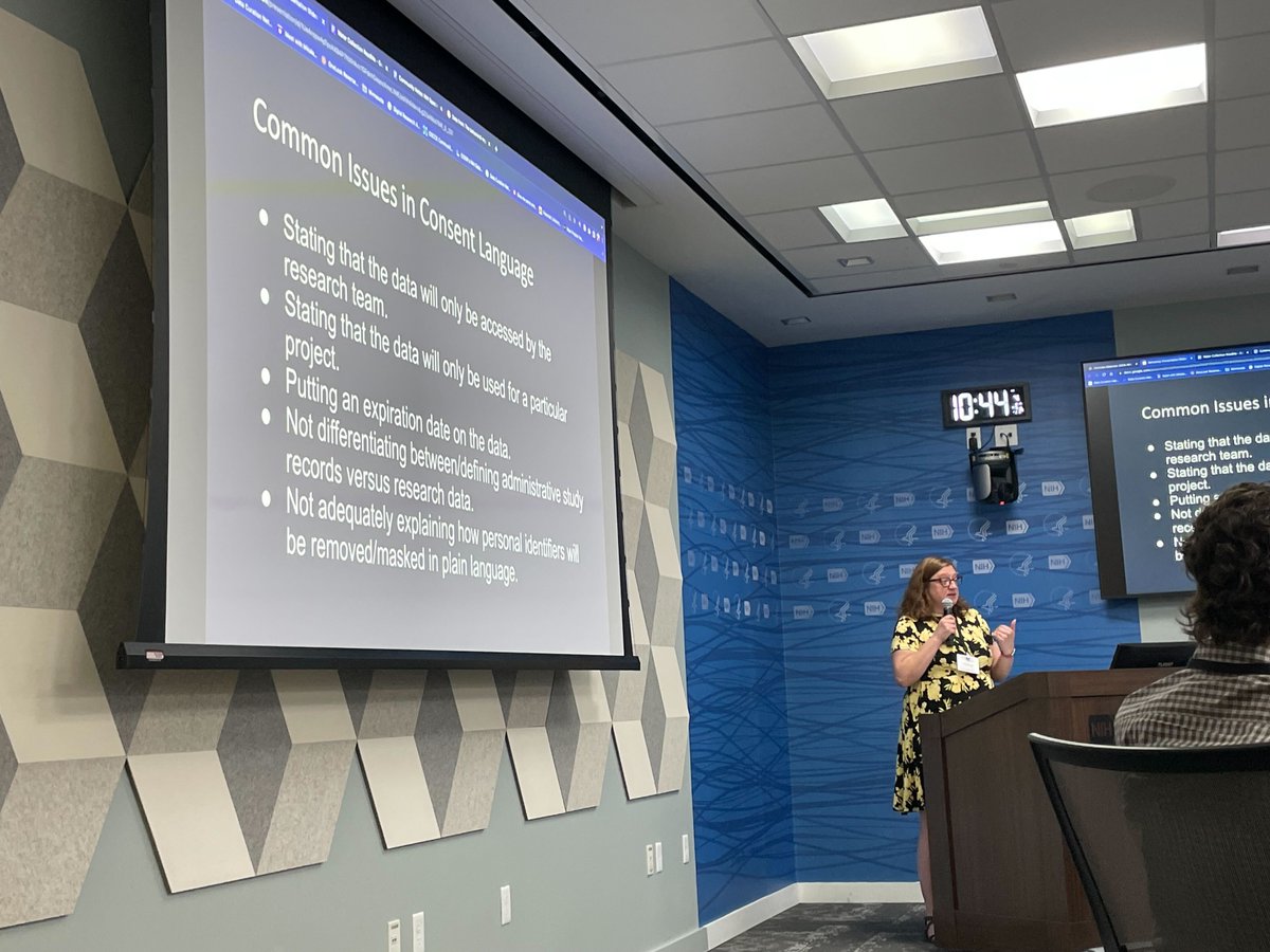WeAreDCN's tweet photo. Hello from Bethesda, Maryland! We are at @NIHDataScience for a CURATE(D) workshop (#DCN_NIH23). We've had a busy morning, including this overview of consent language provided by Jen Darragh of @duke_data. https://t.co/GonptWpE4t