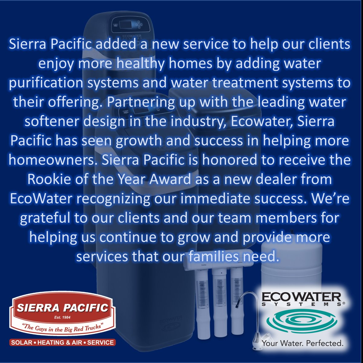 SierraPacificCA's tweet image. Sierra Pacific is honored to receive the Rookie of the Year Award as a new dealer from EcoWater recognizing our immediate success.🏆💧

#EcoWater #WaterPurification #WaterTreatment #SacramentoWater