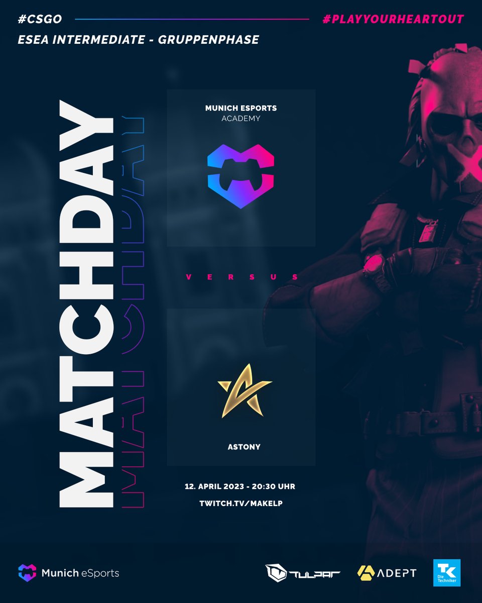 munich_esports's tweet photo. Die neue #ESEA IM Saison 45 beginnt für unser #CSGO Academy-Team gegen die Konkurrenz aus Polen. 😀

Auf geht's!💪

📆 heute, 20:30 Uhr 
⚔ Munich eSports Academy vs. @TeamASTONY 
📺 https://t.co/dY8LYTgWAx 
🎙@makeLpLive

#PlayYourHeartOut https://t.co/LpJs5rVqXt