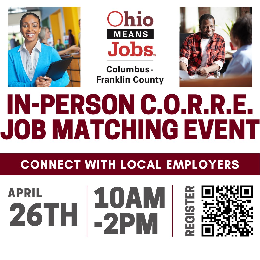 ☎️ Calling all job seekers! ☎️ Announcing our In-Person CORRE Job Matching Event on 4/26 from 10AM-2PM. Register now to connect with great Central Ohio employers who have positions available that match your skill set! Visit rebrand.ly/9jigggf to learn more and register!