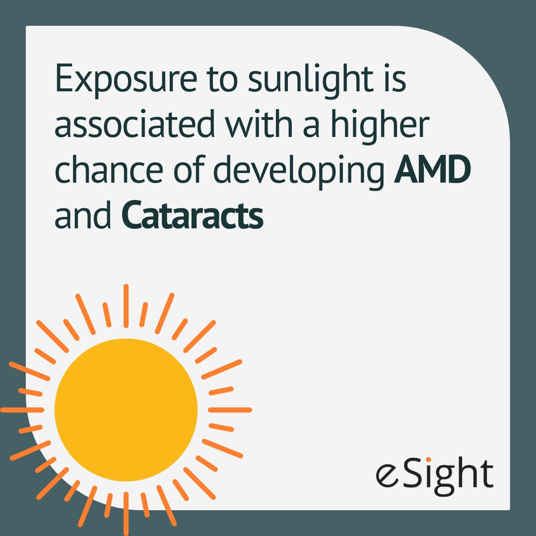 eSightEyewear's tweet photo. Did you know? 

Exposure to sunlight is associated with a higher chance of developing AMD and cataracts.

To learn more about AMD and Cataracts, click here - https://t.co/klP6MVJ6EV

#eSight #eSight4 #VisionLoss #LowVision #MacularDegeneration #VisualAcuity #EyeHealth https://t.co/AbkxsONRyh