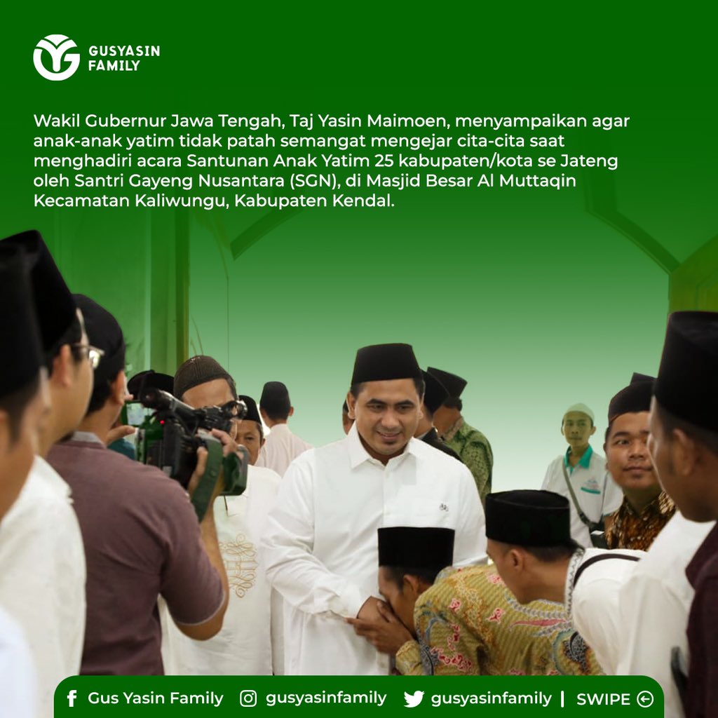 gusyasinfamily's tweet photo. Hari ini, Rabu (12/4), Wakil Gubernur Jawa Tengah, Gus Taj Yasin Maimoen atau Gus Yasin, bersama Santri Gayeng Nusantara mengadakan silaturahmi dan santunan anak yatim piatu periode ke-2 di Masjid Besar Al Muttaqin Kecamatan Kaliwungu, Kabupaten Kendal. https://t.co/StbR8uKN46